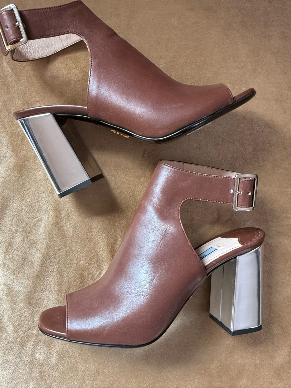 Prada Brown Open-Toe Block Heel Sandals with Metallic Heel